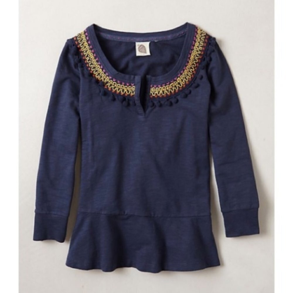 ANTHROPOLOGIE Lilka Toorie Top Pom Pom Embroidered Peplum S Blue Blouse Boho